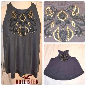 Hollister Sleeveless "Sheer Shelled" Beaded & Jeweled Swing Top